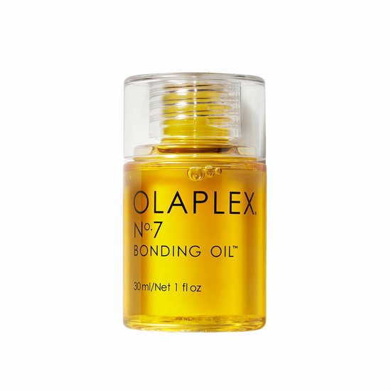 Olaplex No. 7 Bonding Oil, 30 ml, in een doorzichtige fles met een gouden, olieachtige vloeistof.