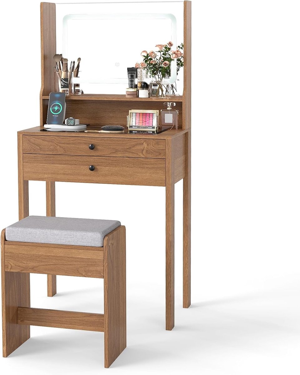 Costway Kaptafel met gestoffeerde kruk, kaptafel met stopcontacten & 3 gekleurde LED-spiegel, kaptafel met glasplaat, open plank & 2 laden (64 x 40 x 132 cm, bruin)