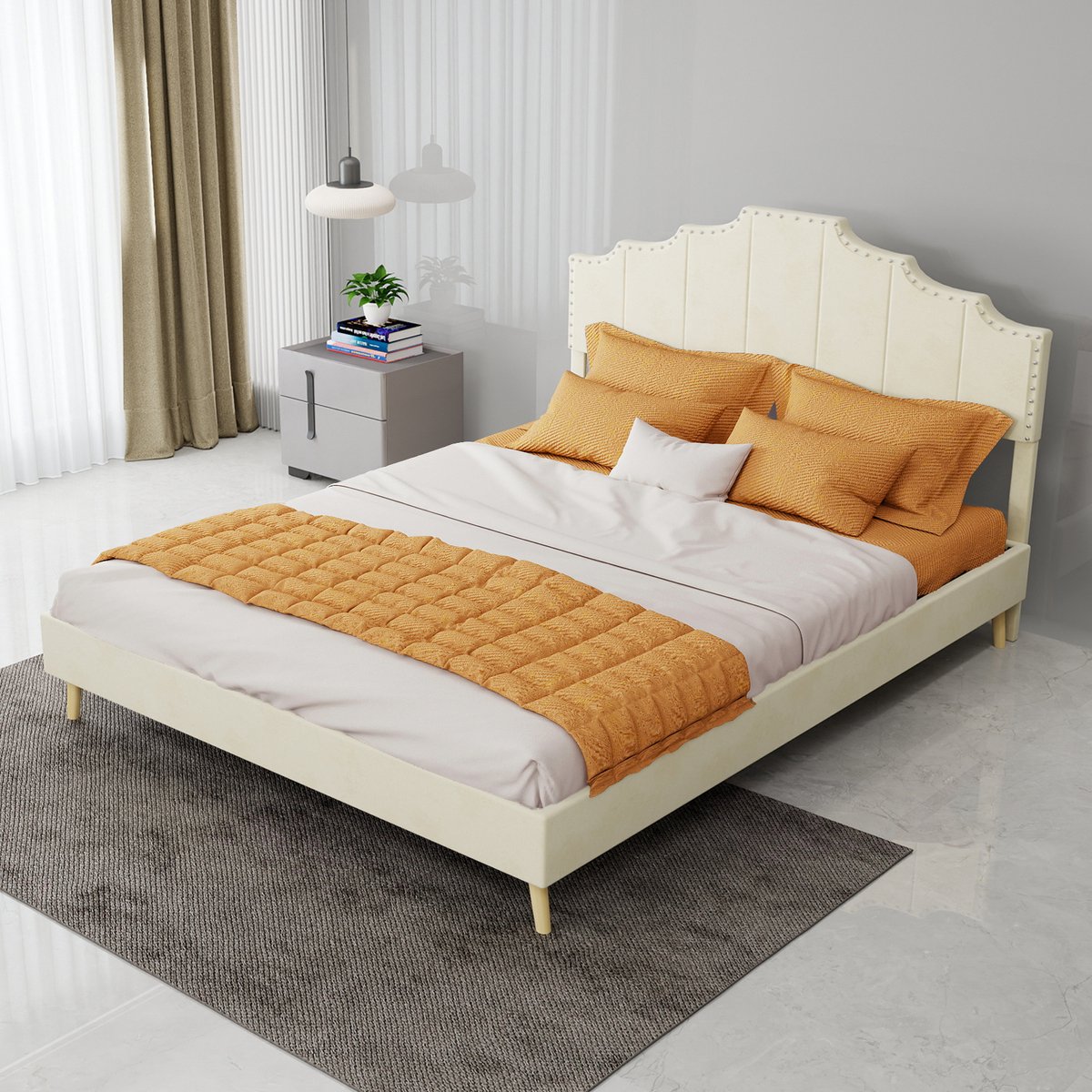 AURA LUMEN-Gestoffeerd bed Twijfelaarbed 140 x 200 cm zacht hoofdbord geometrisch ontwerp vochtbestendig sterk frame beige