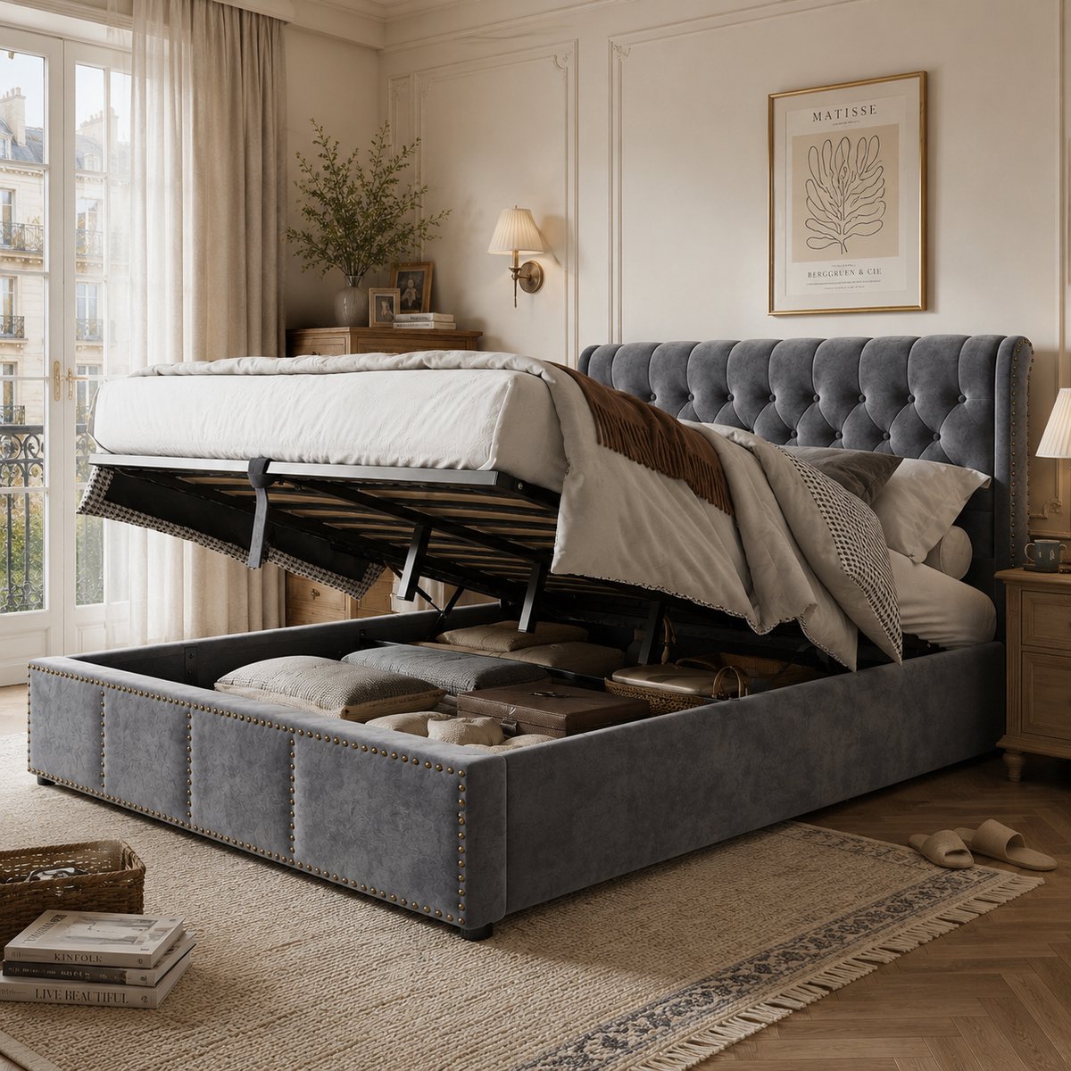 AURA LUMEN-Gestoffeerd bed-Twijnfelaarbed-140 x 190 cm-Hydraulisch bed-Bed met opbergruimte-Grijs-Zonder matras