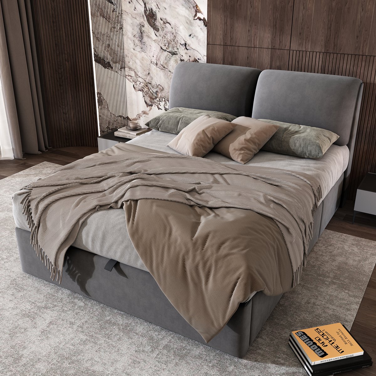 AURA LUMEN Gestoffeerd bed-Twijfelaarbed-140x200-cm-Hydraulisch-Bed-met-opbergruimte-Drie-lades-Kopdbord-Grijs-Zonder matras