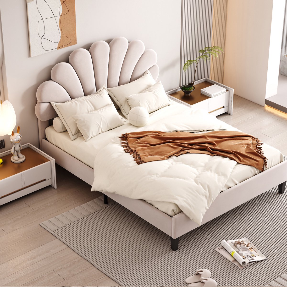 AURA LUMEN Gestoffeerd bed-Twijfelaarbed-140 x 200 cm-Met hoofdbord-in beige