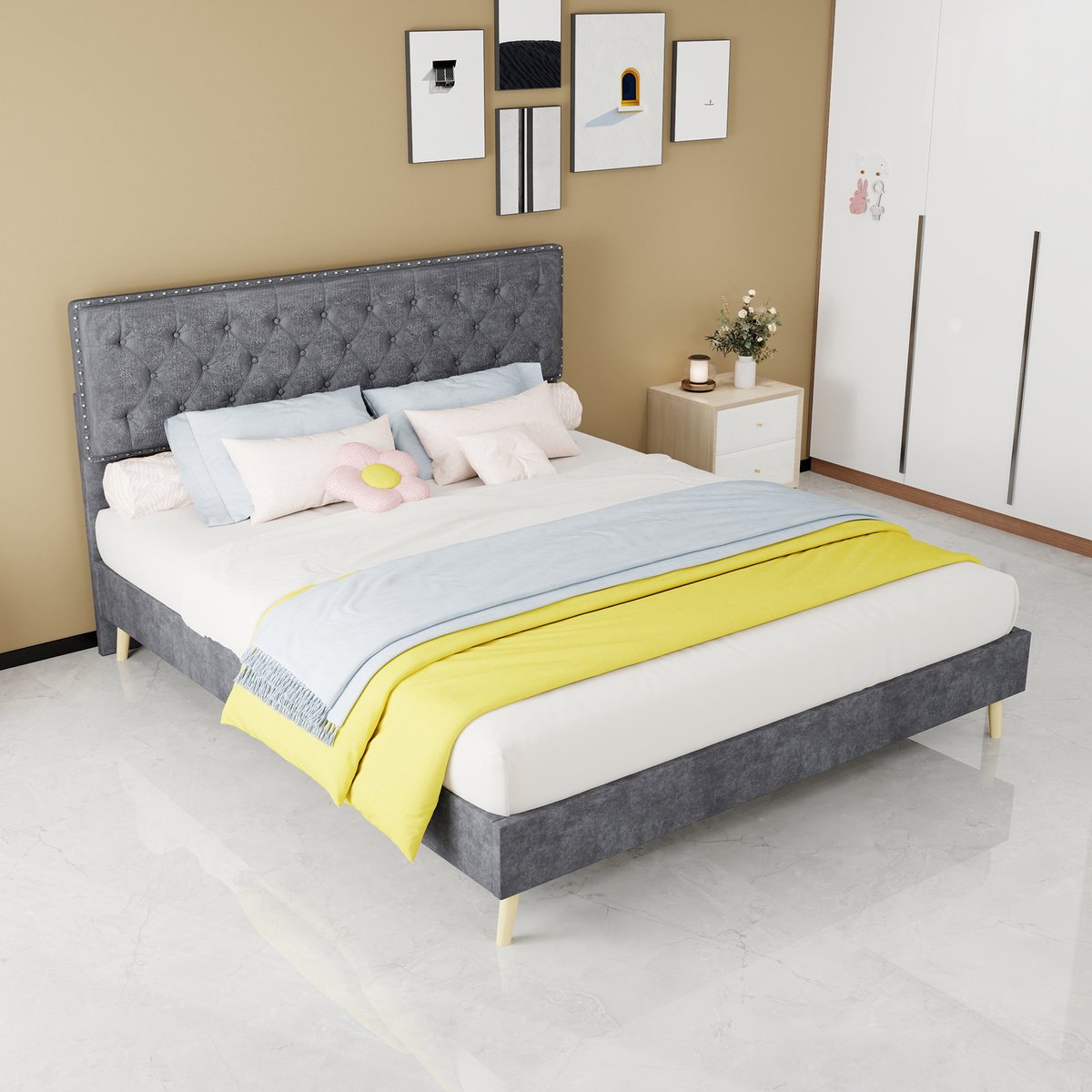 AURA LUMEN-Gestoffeerd bed-Tweepersoonsbed-160 x 200 cm-Bed met opbergruimte-Bed met hoofdbord-Grijs