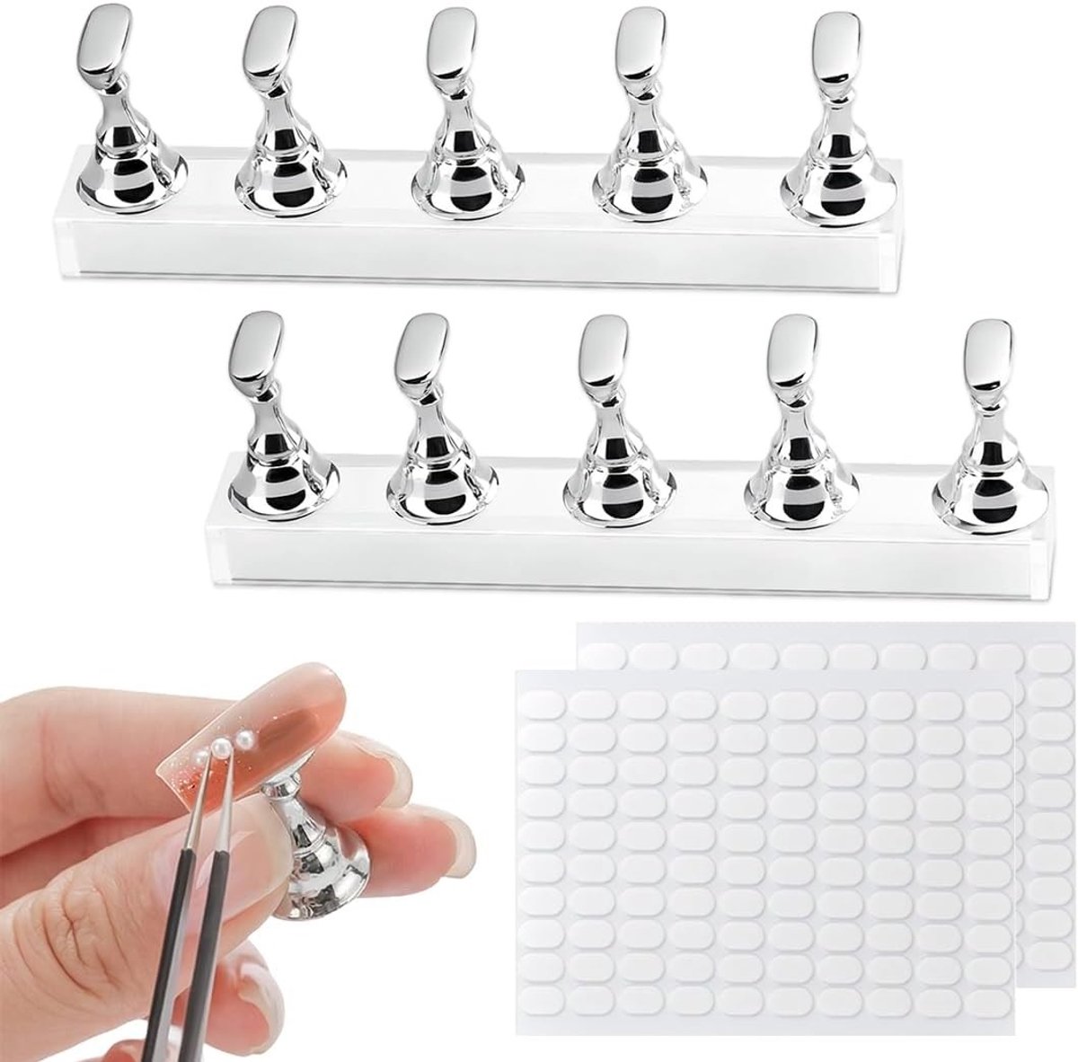 Magnetische Nagelstandaard met 200 Stickers voor DIY Nagelsalon, Nagelontwerp en Herhaaldelijk Oefenen van Nagelkunst - Zilver