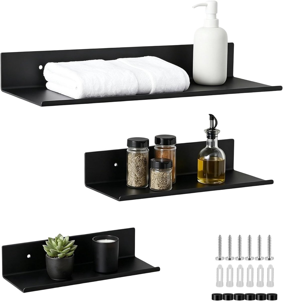 Set van 3 Aluminium Wandplanken, 40 cm, 30 cm, 20 cm, Zwart, Zwevende Planken voor Badkamer, Keuken en Woonkamer met Bevestigingsaccessoires