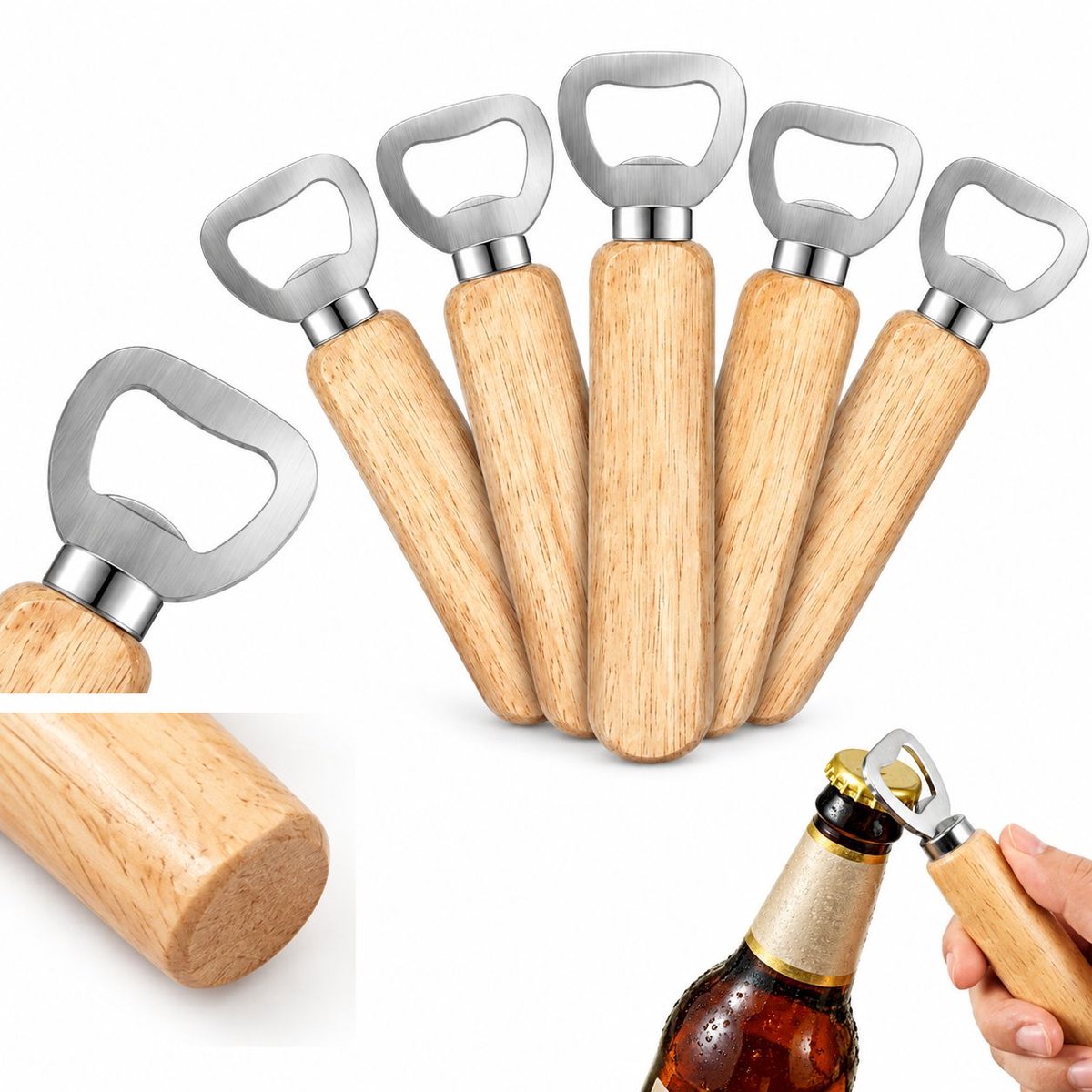 VHV - Bieropener - 5 stuks - Bruin - Flesopener - Opener voor bier - Hout - RVS - thuis