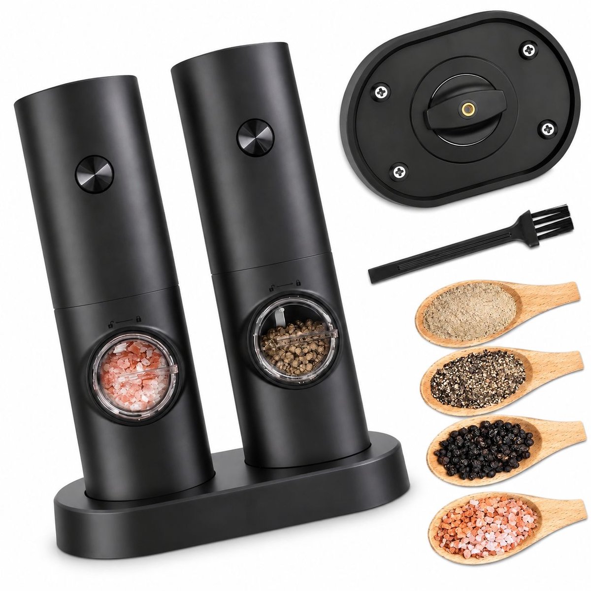VHV - Elektrisch peper en zoutmolen set - 2 stuks - Zwart - Pepermolen - Instelbare maalgraad - Bbq accessoires - Kruidenmolen - in de keuken