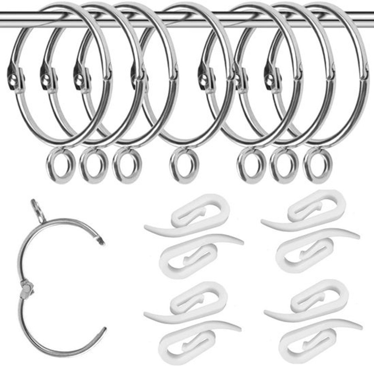 Gordijnringen met haken - Decoratieve ophangers - Raambekleding ophangen - Metaal met kunststof - 38 mm diameter - Zilverkleurig