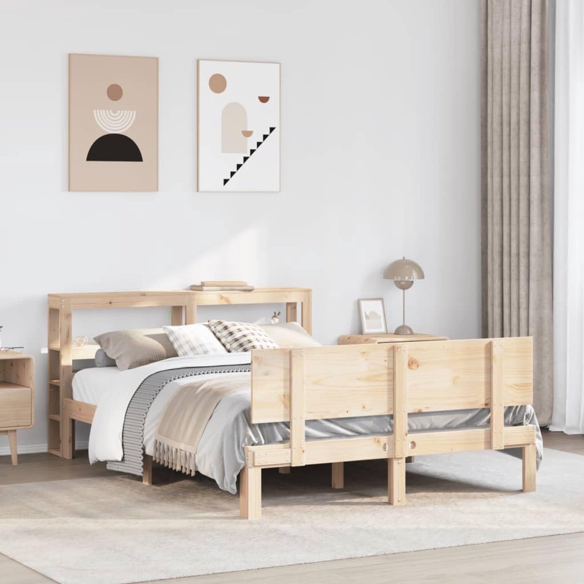 Grenenhouten bedframe met 2 opbergschappen 120x190 cm naturel