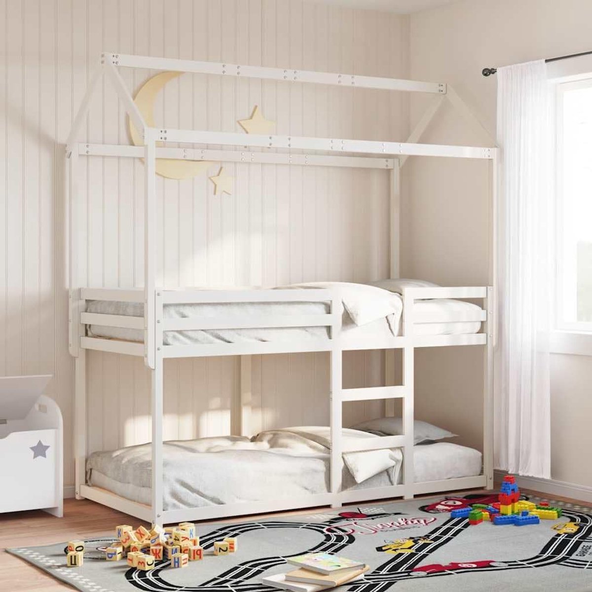 Grenenhout Stapelbed met bedhuis Veilig ontwerp Wit 80x200 cm