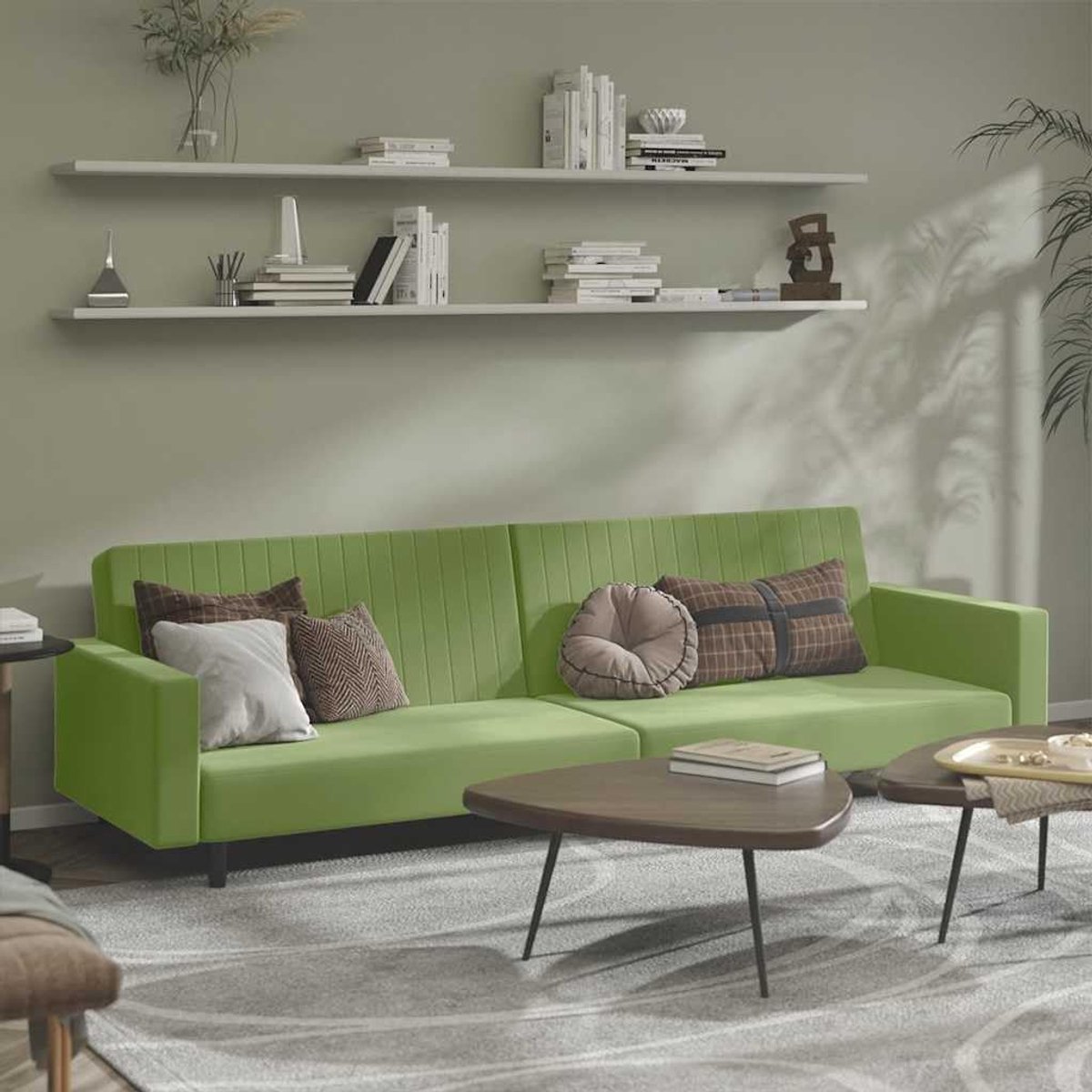 2-zits in lichtgroen met fluwelen bekleding en houten frame voor woonkamer en kantoor als comfortabele zitgelegenheid met bedfunctie