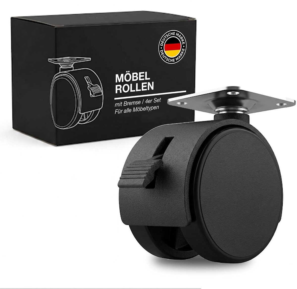 Furniture castors with brake set of 4 in black - Made in Germany - furniture castors 40 mm - table castors set of 4 - ShopVlot