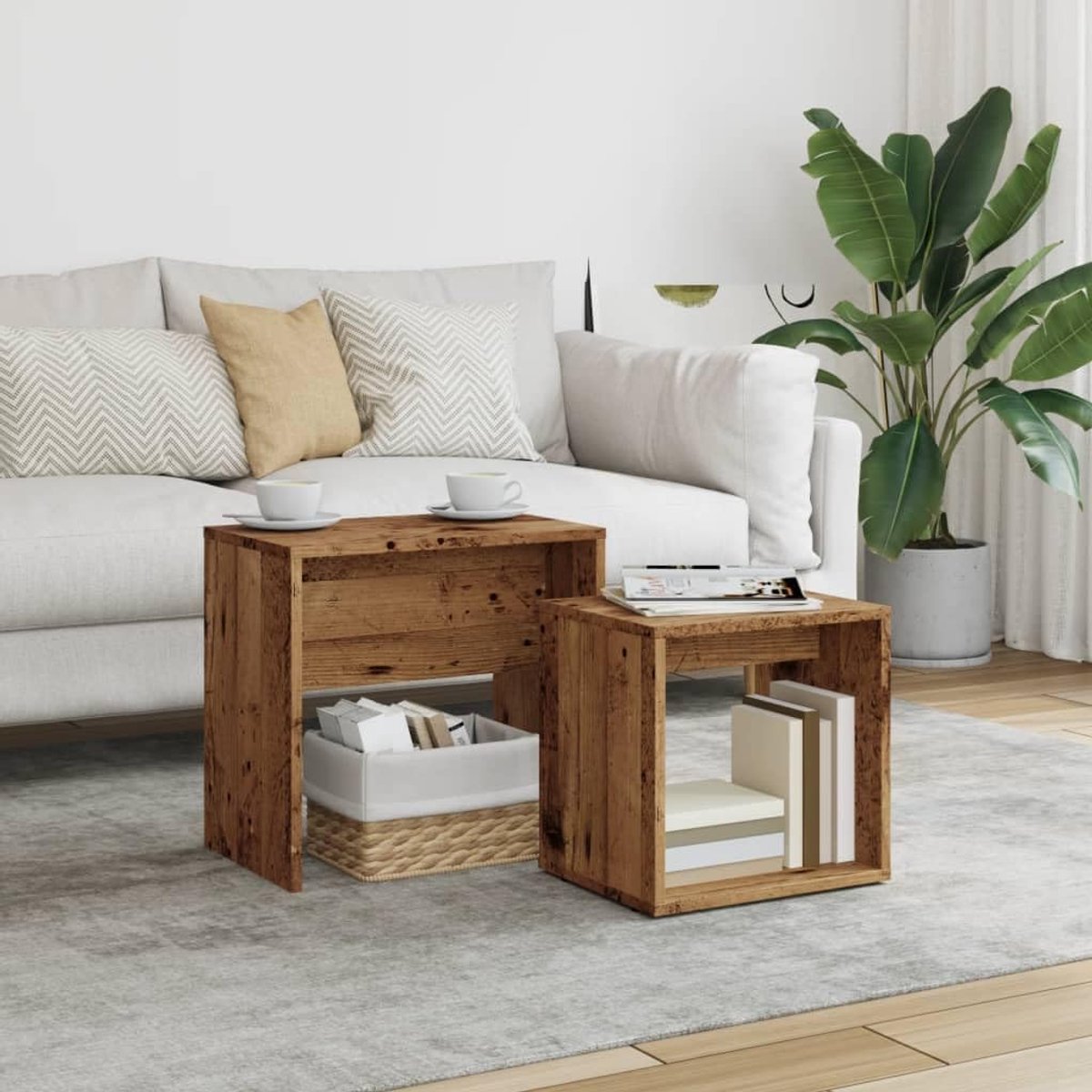 Hout in elkaar passend salontafelset 2 delig oud houtkleurig