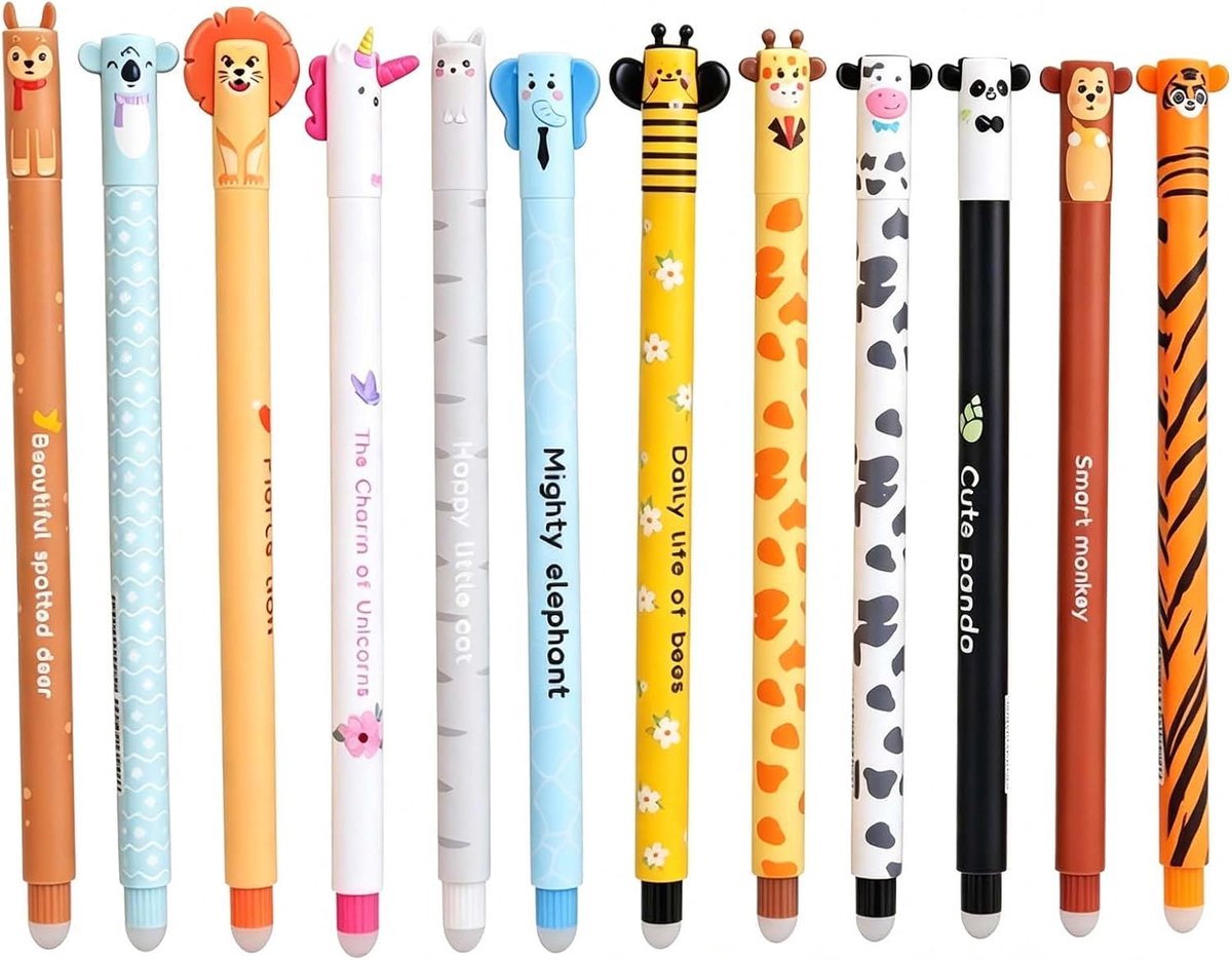 12 stuks uitwisbare pennen set 0,7 mm fijne punt, dierenthema uitwrijven pennen voor kinderen schoolbenodigdheden - ShopVlot