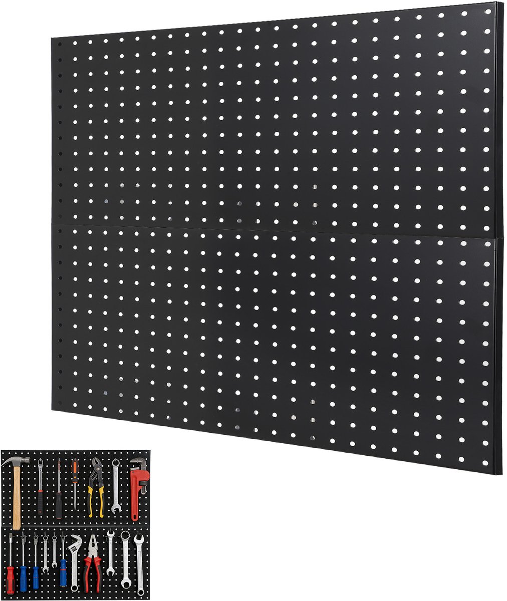 HoerFuriy - Stalen Pegboard Wandorganizer - Gepoedercoat Zwart - Geperforeerd Gereedschapswandpaneel voor Garage - Werkplaats en Hobbyruimte - 2 Gaatjesborden