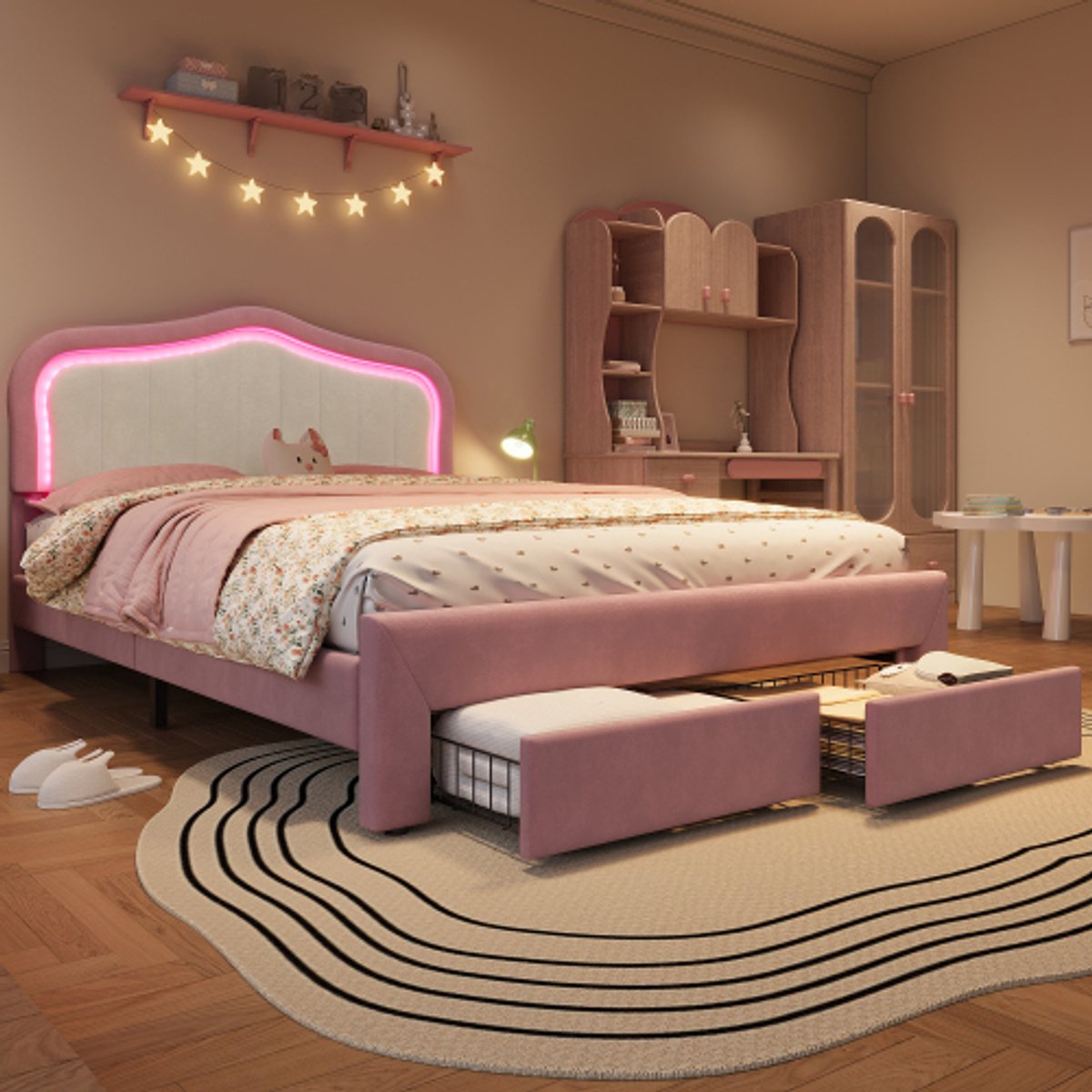 Zubaliya Roze Fluwelen Twijfelaar Kinderbed 140x200 cm met LED Verlichting via App - Gepolsterd Kinderbed & Jeugdbed met 2 Opberglades & Witte Rugleuning - Roze Roze met witte rugleuning