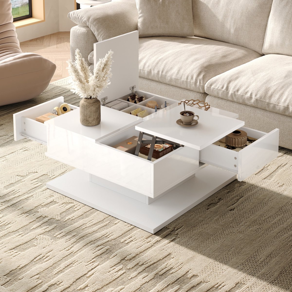MIVRAY Salontafel - Hoogglans Met Hefblad, Klapdeksel, Lades En Ledverlichting - Voor Woonkamer - MDF En Spaanplaat - 72x72x35 Cm - Wit