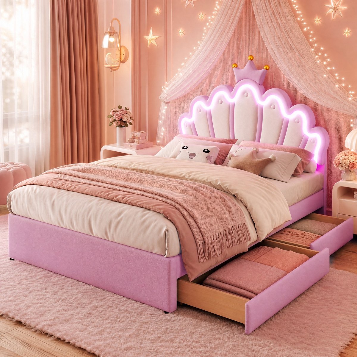 WUVRIE Kinderbed 140x200 cm met verstelbaar hoofdbord, LED-verlichting en 2 lades, roze