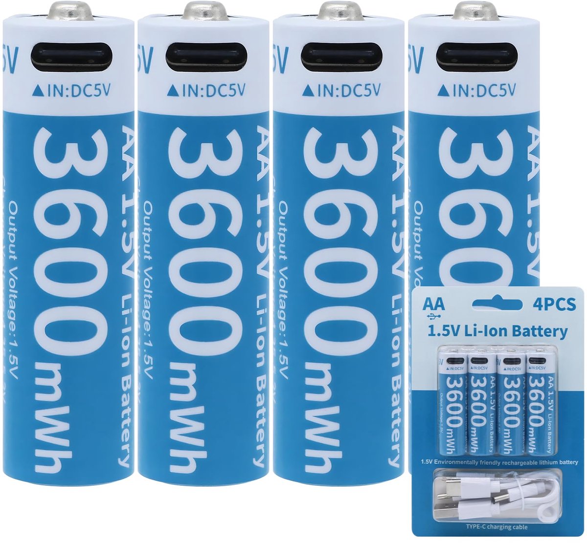 Tosiicop Oplaadbare lithiumbatterij AA - 4-pack 1,5V 3600mWh AA oplaadbare batterijen met 4-in-1 USB C 1 uur - ShopVlot