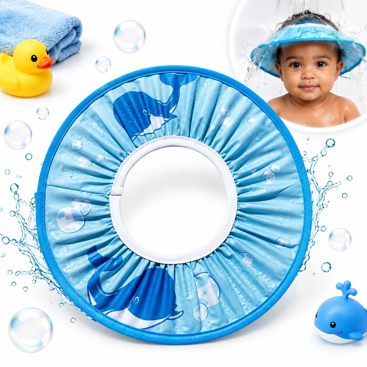 VHV - Walvis Douchekapje Baby & Kind – Haarwas Hulp – Shampoo Cap – Verstelbaar – Oog- en Oorbescherming – 30 cm – Siliconen Binnenring