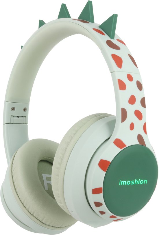 Witte koptelefoon met dino-stekels en bruine/oranje stippen. Met 'imoshion' logo op groene oorschelp.