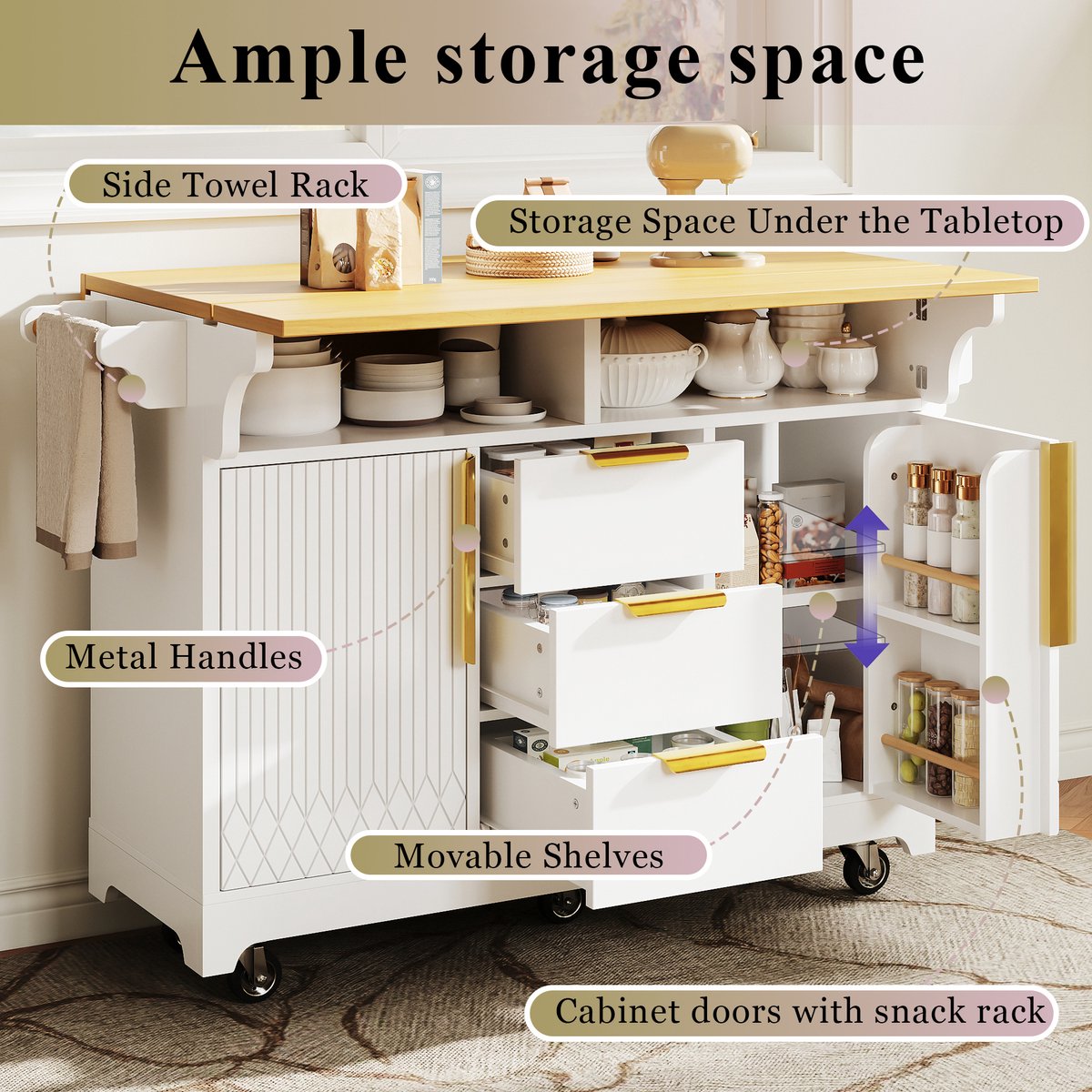 MIVRAY Keukenkast - Mobiel Keukenmeubel Met Uitklapbare Bladen En 3 Laden - Voor Keuken En Eethoek - MDF - Wit - 120x40x95 Cm