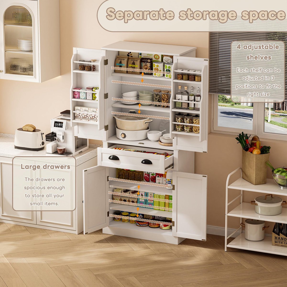MIVRAY Keukenkast - Hoge Opbergkast Met Vier Deuren En Lade - Voor Keuken, Eetkamer En Woonkamer - MDF - 80x40x182 Cm - Wit