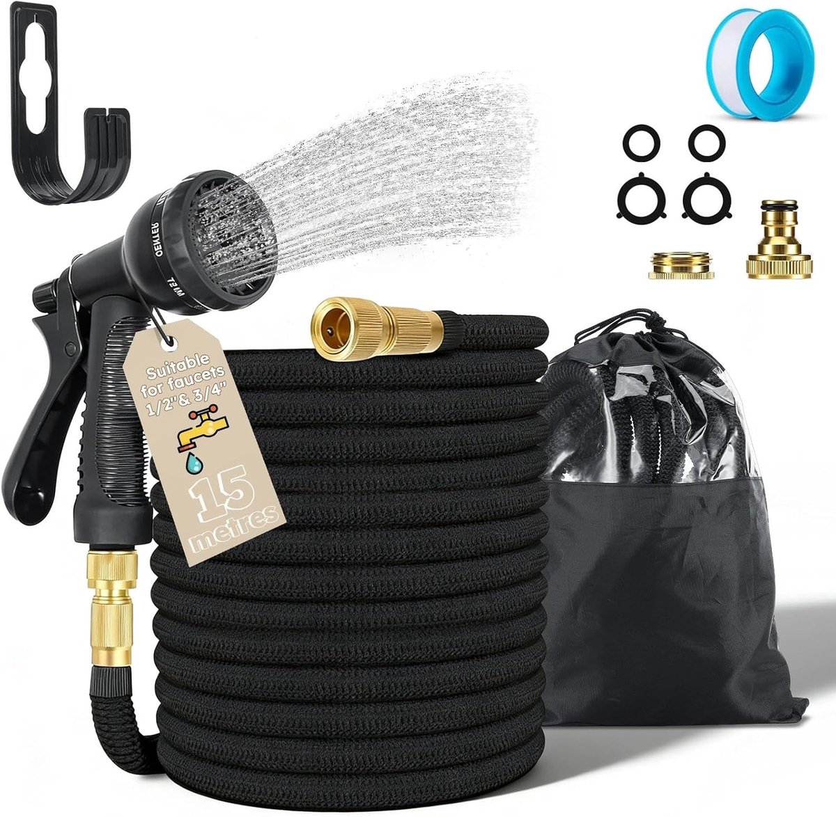 Flexible Garden Hose, 15 Metres, Stretchable Flexible Hose with 1/2 Inch and 3/4 Inch Brass Screw Connections, 8 - ShopVlot