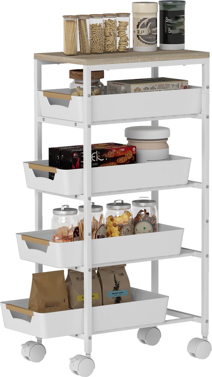 Keukenwagen - Mobiele opbergwagen met praktische vakken voor keuken, badkamer en woonkamer - model 107