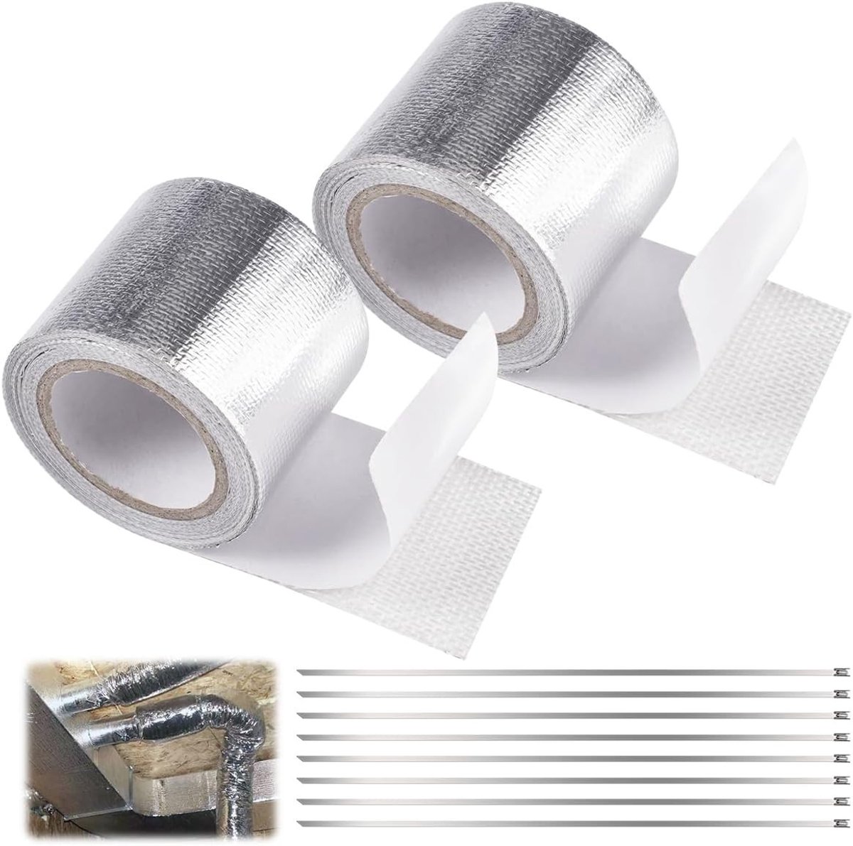 2 Rollen Warmtebescherming Tape van 5m x 5cm, Aluminium Folie Isolatie en Kabelbinders