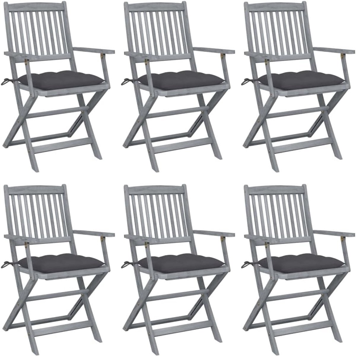 Tuinstoelen, 6 stuks, met kussens, massief acaciahout, grijs, voor terras en terras, opvouwbare stoel, belastbaar tot 110 kg per zitvlak