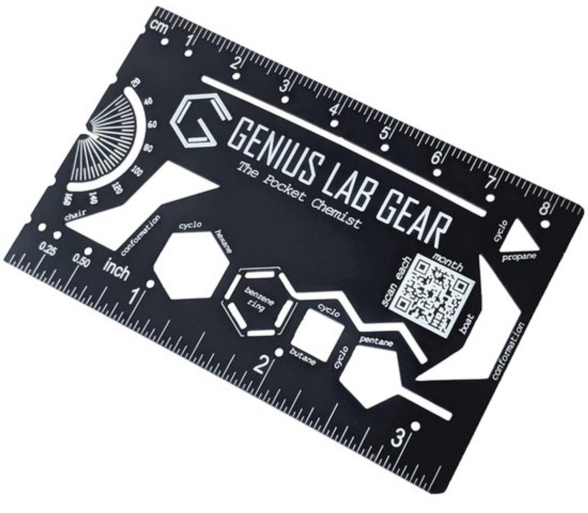 Hulpmiddel voor scheikunde - Stencil voor organische structuren - Voor het tekenen van moleculen - Roestvrij staal - Creditcardformaat - Mat zwart