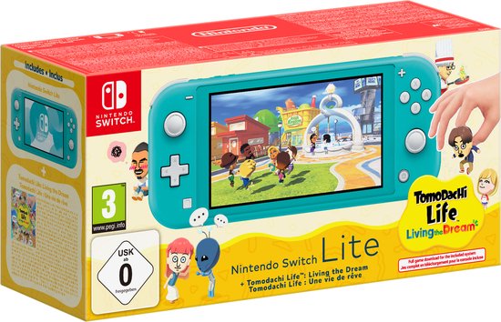 Nintendo Switch Lite-consolebundel met Tomodachi Life-game, in turquoise kleur.