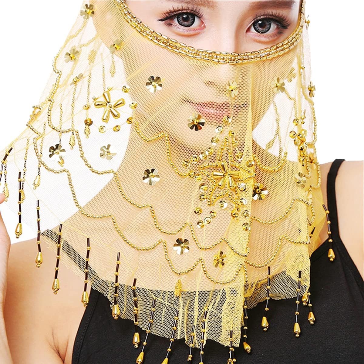 Chiffon Gezichtsbedekking met Pailletten voor Buikdans Kostuums en Halloween Accessoires voor Vrouwen en Meisjes, Geel, One Size, Elegante Dansaccessoire