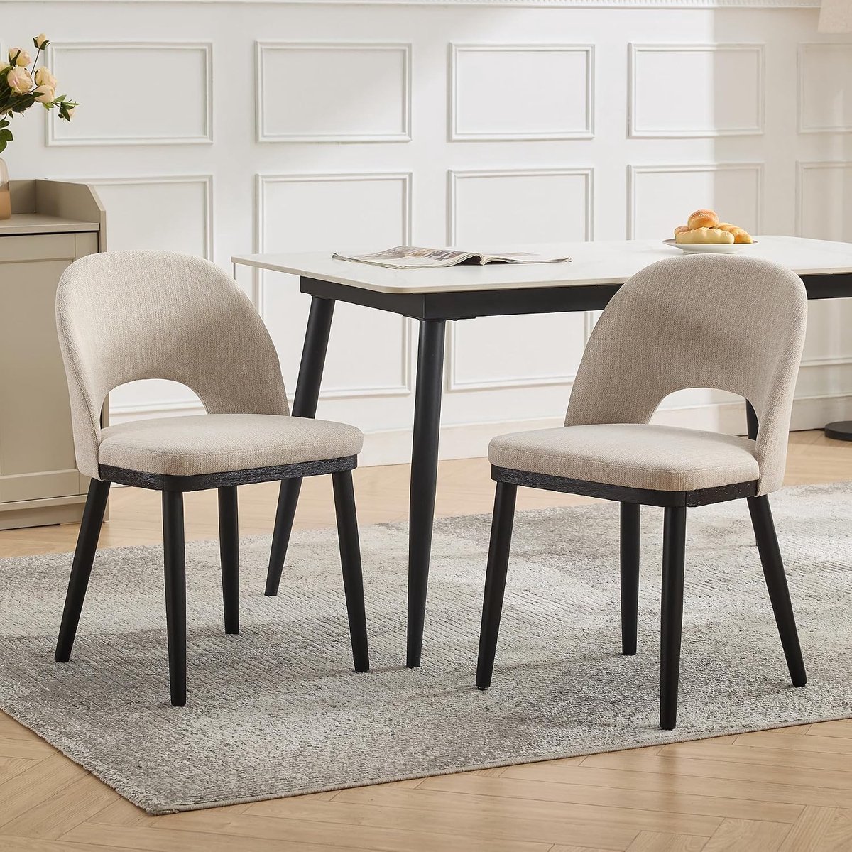 Eetkamerstoelen Set van 2 - Linnen Stoelen Houten Poten Beige 136kg - beige