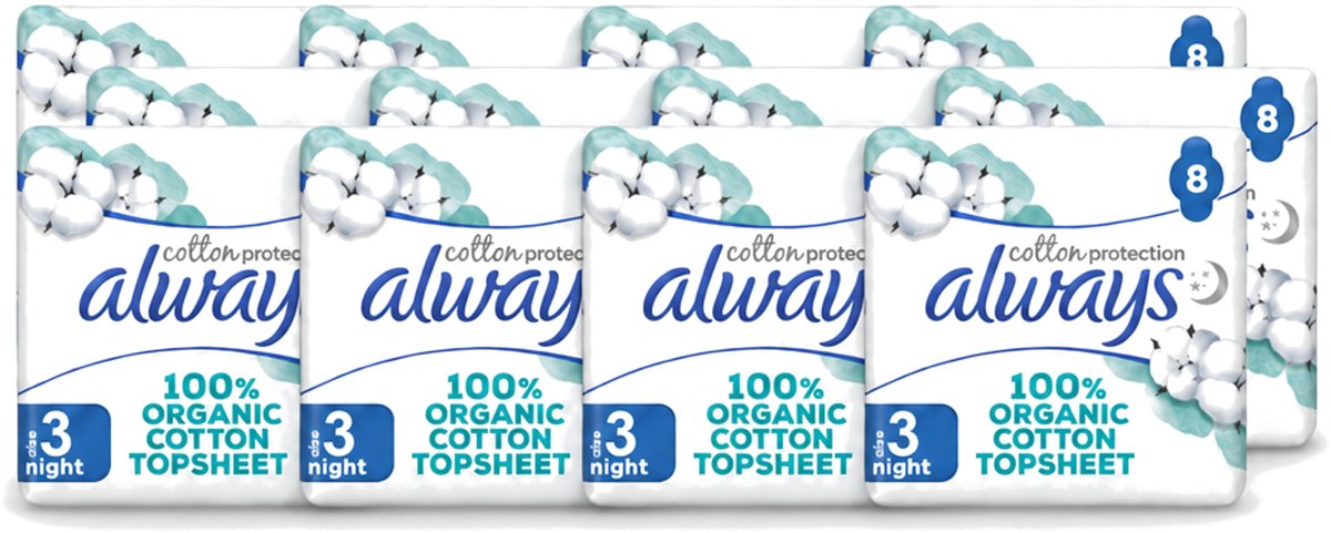 12 x Always - Maandverband - Night - Cotton Protection - Met Vleugels - 8 Maandverband - Voordeelverpakking - 12 stuks