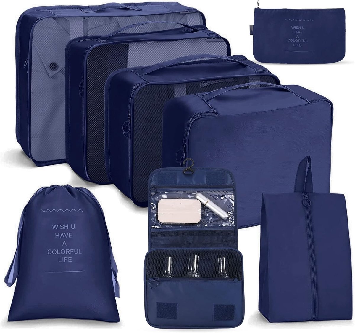 Reisorganizer Set van 8 Stuks - Multifunctionele Waterdichte Opbergzakken voor Kleding, Schoenen en Toilettasjes, Ideaal voor Vakantie en Weekendjes Weg, Marineblauw