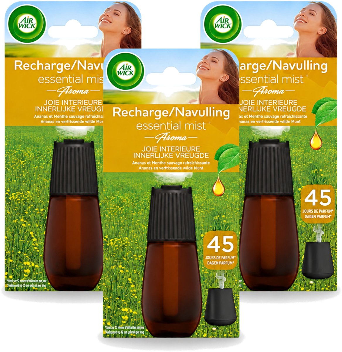 3 x Air Wick Essential Mist - Navulling - Happiness - Ananas & Wilde Munt - 20ml - Bulkverpakking - 3 stuks