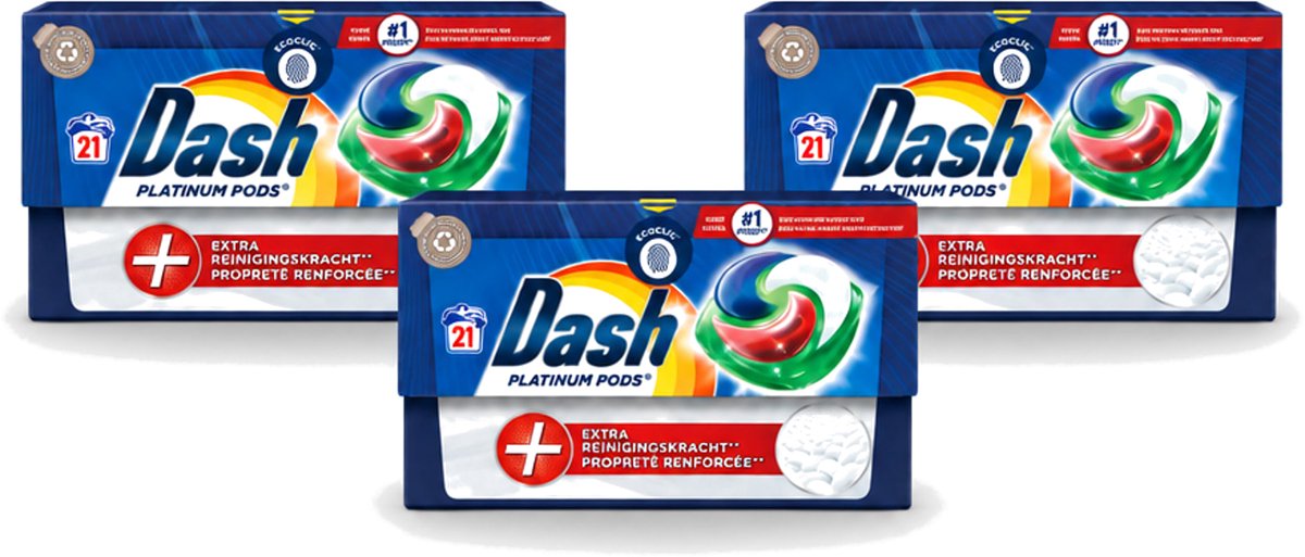 3 x Dash Platinum - Wasmiddel Capsules - Witte en Gekleurde Was - 21 Wasbeurten - Voordeelverpakking - 3 stuks