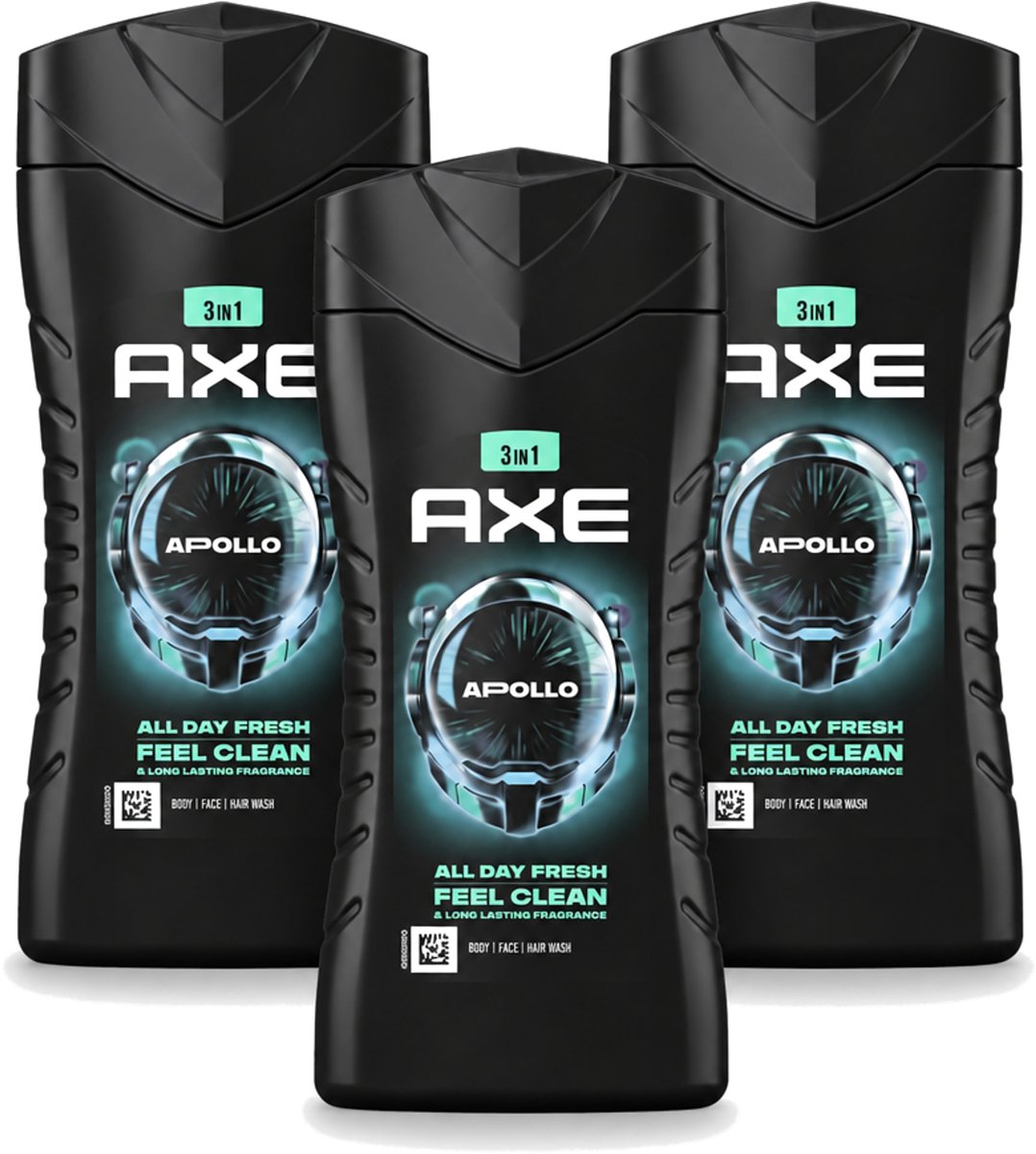 3 x Axe - 3-in-1 Douchegel - Apollo - Sage & Cedarwoord - 12hrs Long Lasting Scent - 250 ml - Voordeelverpakking - 3 stuks
