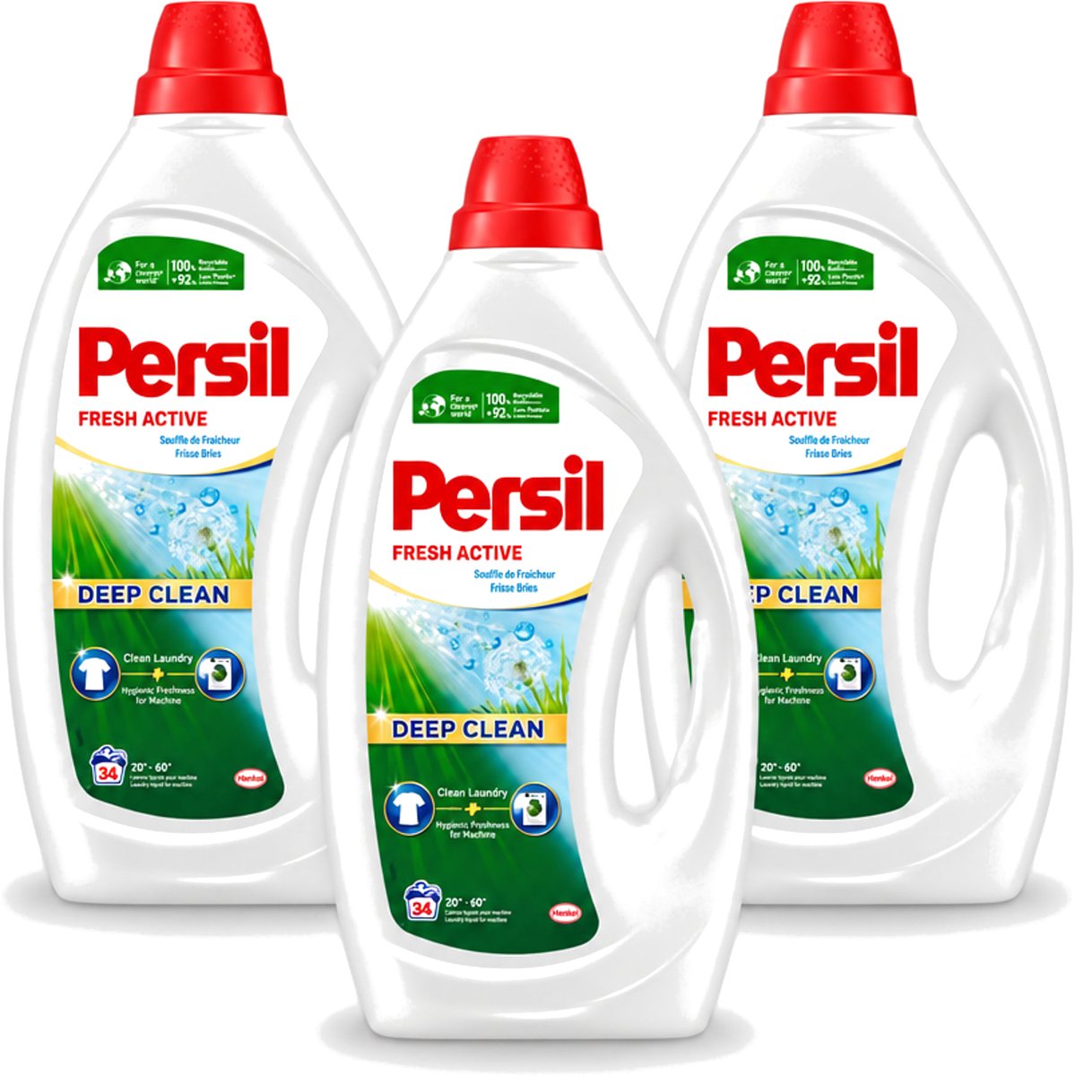 3 x Persil Fresh Active - Vloeibaar Wasmiddel - Witte en Gekleurde Was - Frisse Bries - 34 Wasbeurten - Voordeelverpakking - 3 stuks