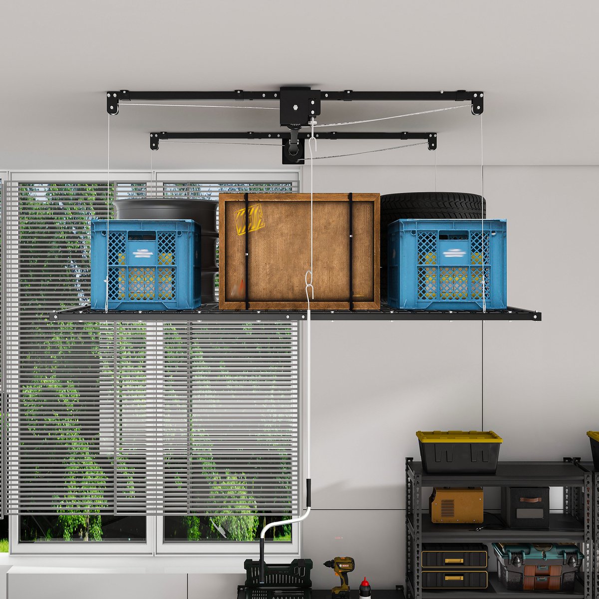 DESMIU Garageplafondrek – 120 x 240 cm – Handkurbelsysteem – Staal – Zwart – 136 kg Draagkracht – Veiligheidsvergrendeling