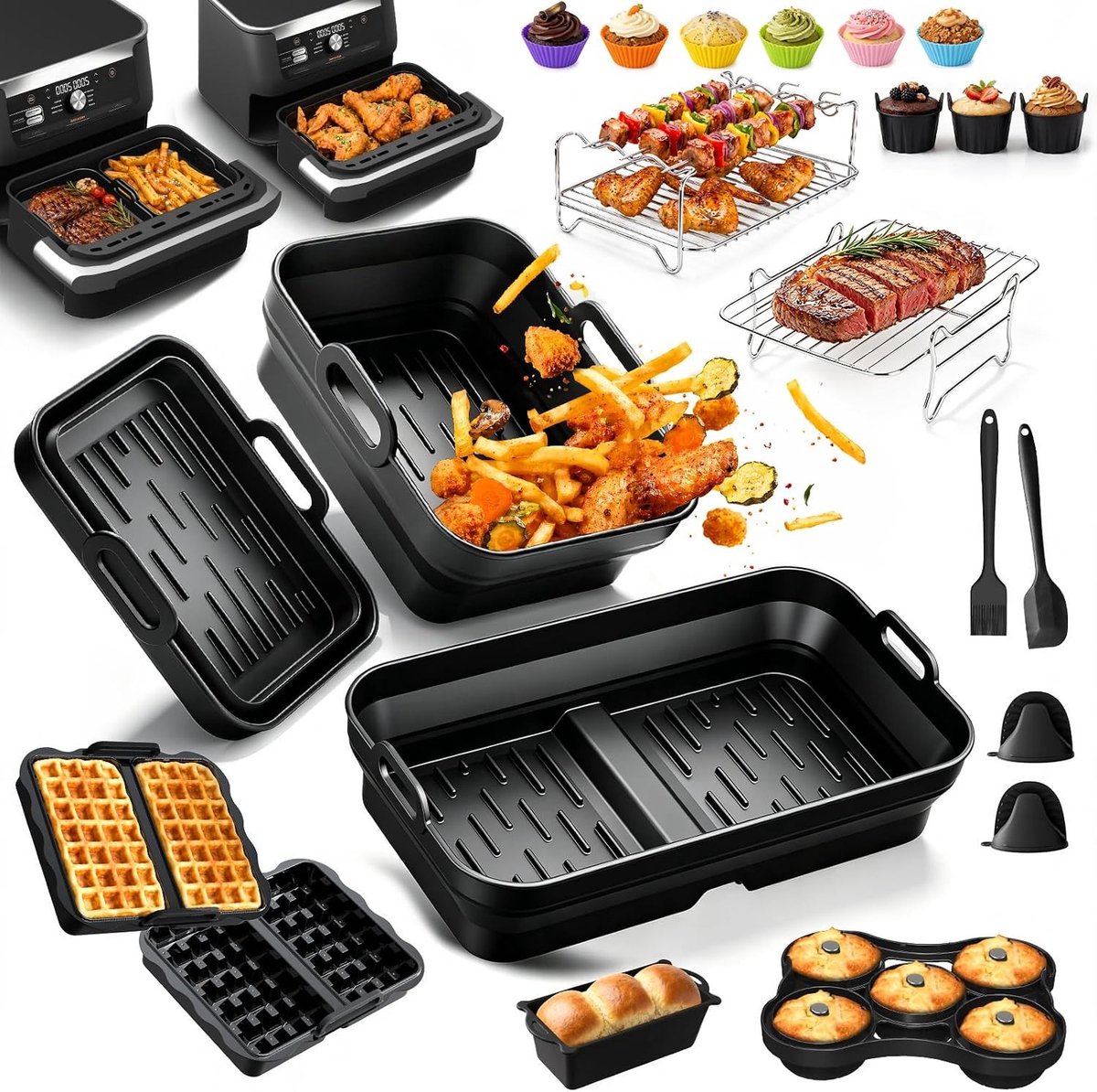 Accessoires voor het Frituren met Heet Lucht: 22-delig Set voor Airfryer, Silicone en RVS, Vouwbaar