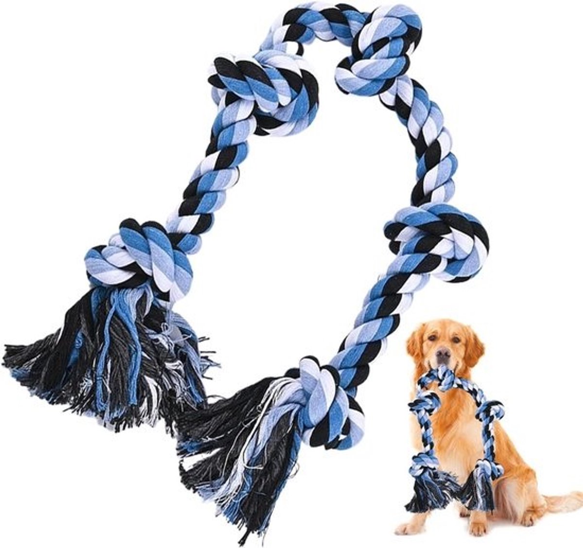 Touw als hondenspeelgoed - Kauwspeelgoed voor honden - Spel voor tandverzorging - Duurzaam katoen - 90 cm lang - Blauw-wit