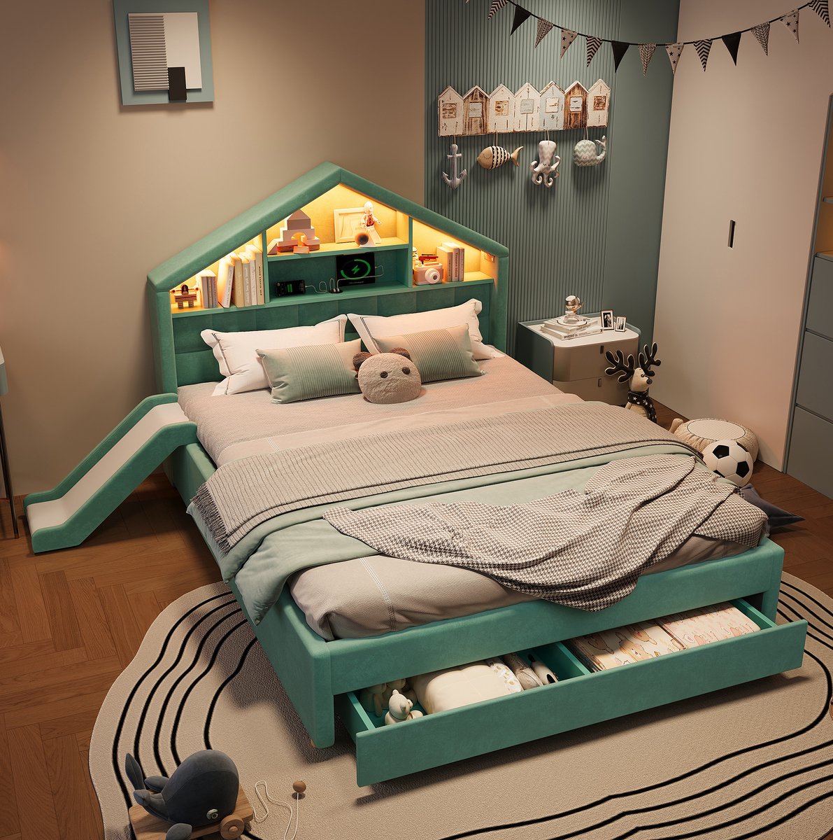 DESMIU Kinderbed 140x200 cm Zonder Matras - Huisbed met Glijbaan - LED en Oplaadpunt - Bedkast - Kinderkamer - Zacht Velours - Blauwgroen