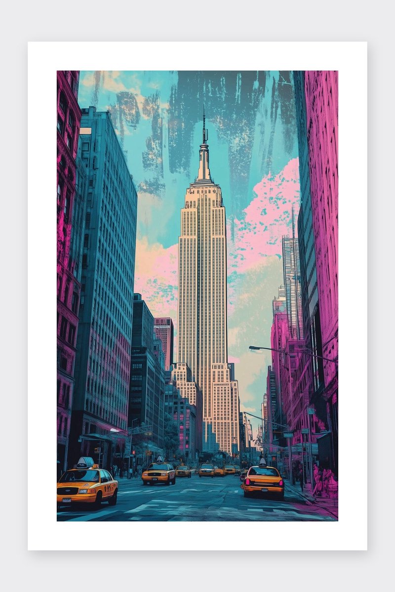 Empire State Building Poster - New York - Architectuur - Stadsgezicht - Kunst - Bezienswaardigheden - Stad - posters - formaat 30x40cm - Wanddecoratie - BXS5385KMD - Met kader - passe-partouts stijl