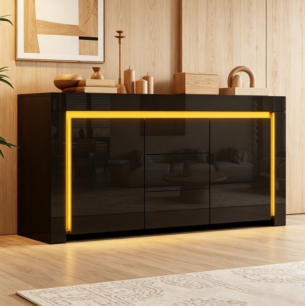 Dressoir - Hoogglans Met LED-Verlichting En 2 Deuren, 3 Lades - Woonkamer En Hal - MDF Zwart - 140x40x65 Cm