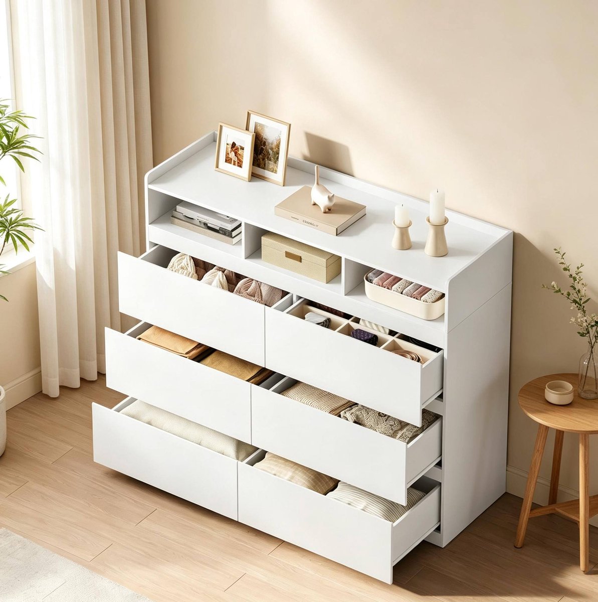 MODENUIT Ladekast - 6 Lades En 3 Open Vakken - Woonkamer En Slaapkamer - Spaanplaat - Wit - 120x40x100 Cm