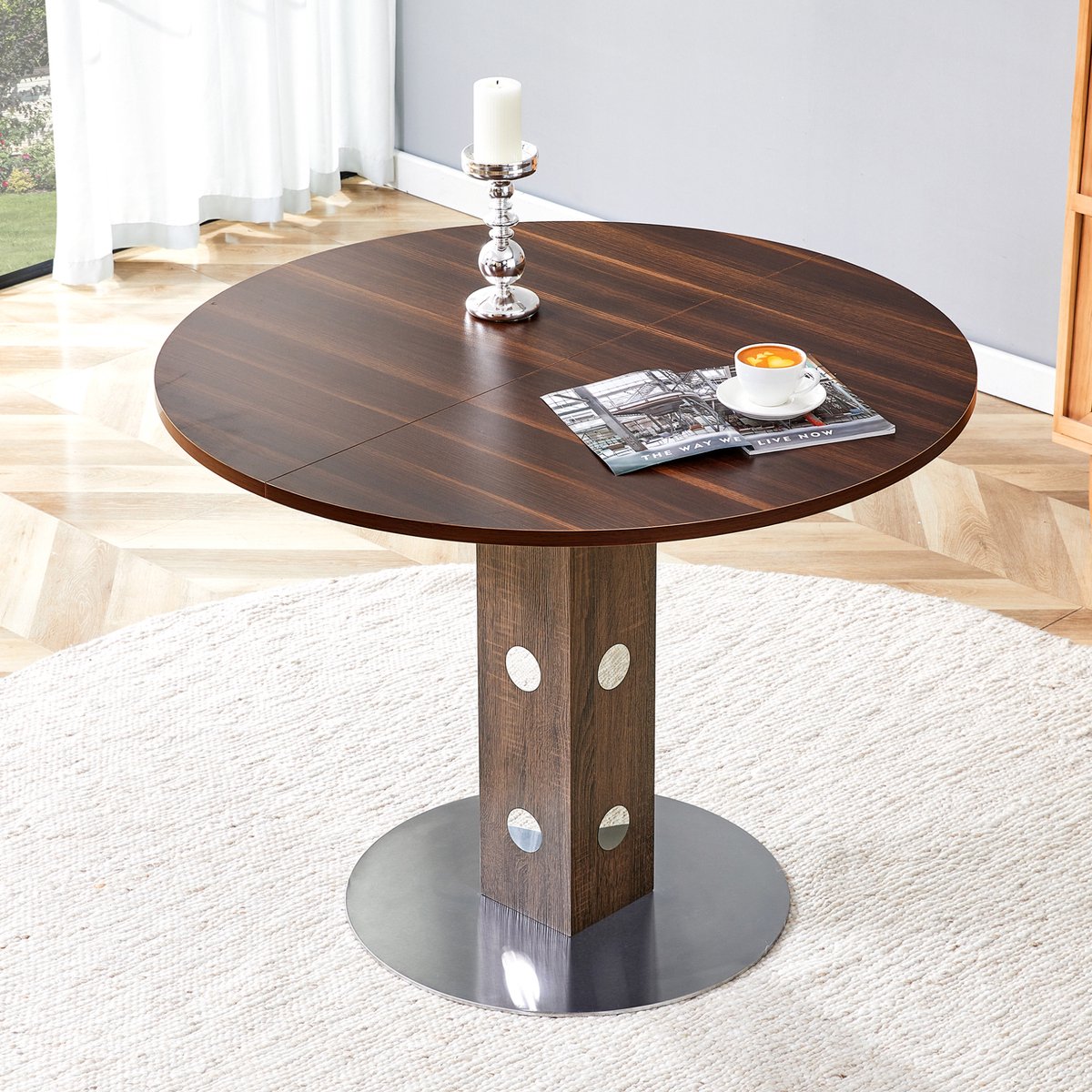 MODENUIT Eettafel - Ronde Tafel Met Walnootlook En Metalen Voet - Keuken En Woonkamer - MDF - 100 Cm - Walnoot