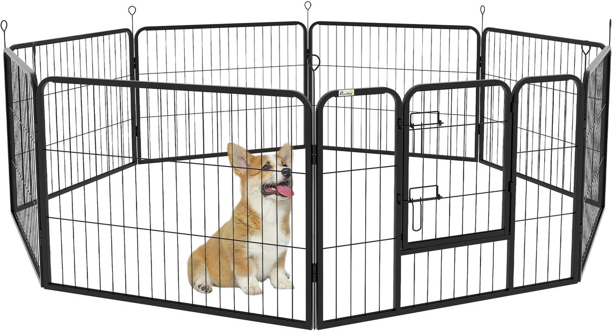 Bresht Hondenren - 8 Panelen - Opvouwbaar - Voor honden tot 31 cm - Toegangsdeur - binnen & buiten - Zwart - 80 × 60 cm per Paneel
